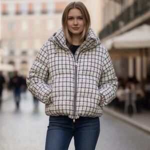 Jason Wu Quiet Luxury Ivory Black Plaid Tweed Puffer Jacket Size Small NWT $395